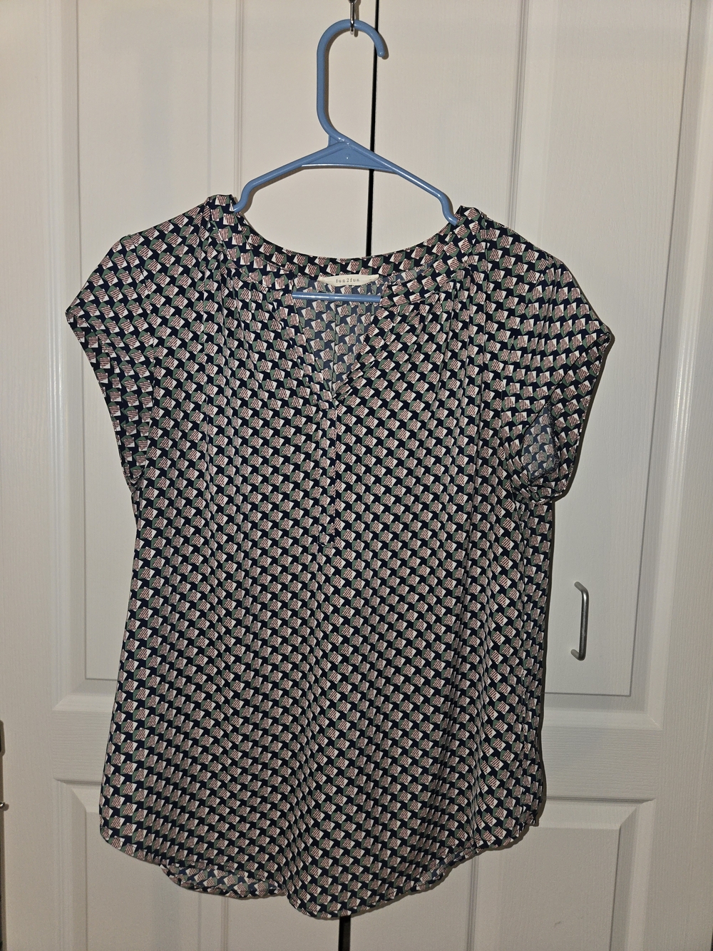 Navy and Pink Geometric Cap-Sleeve Blouse